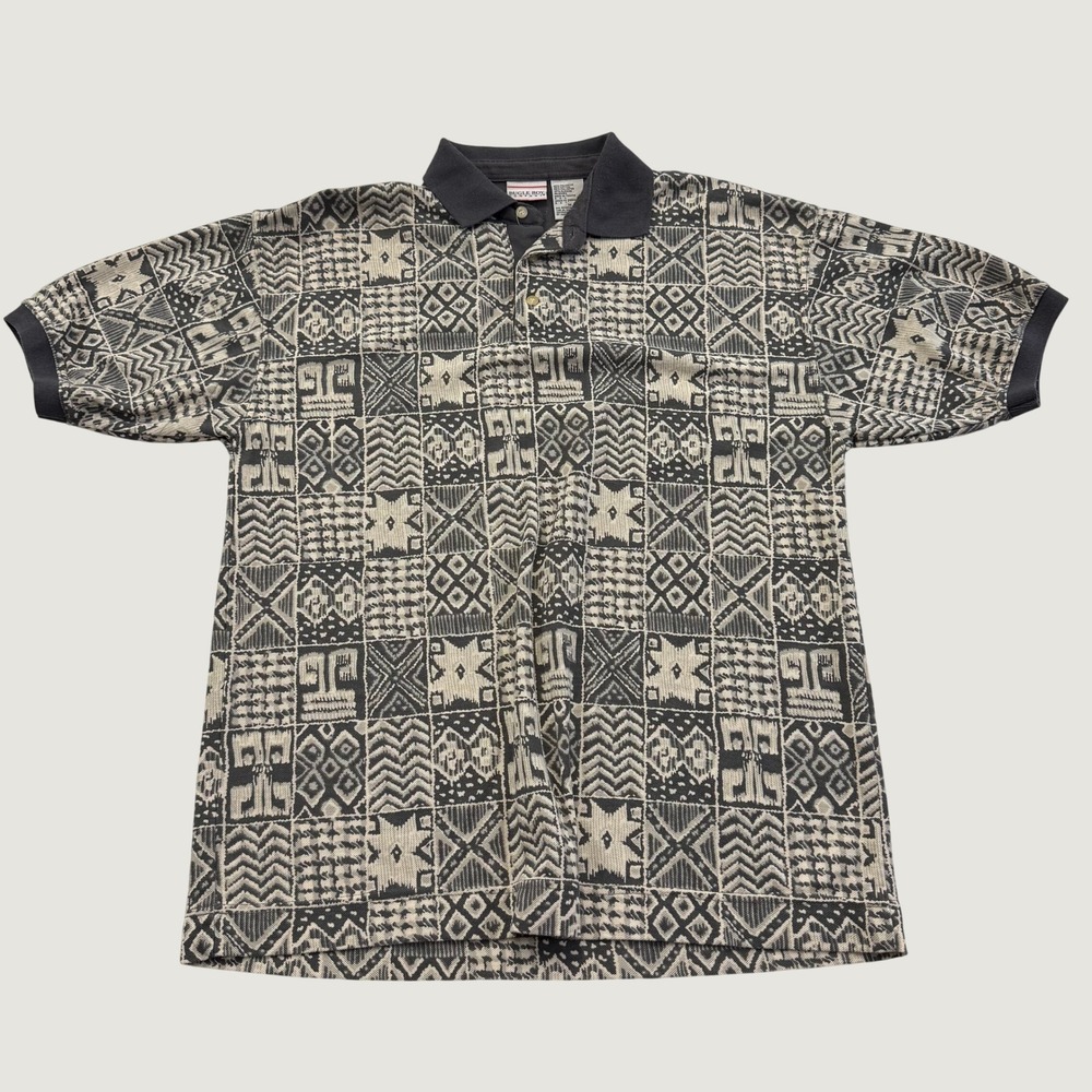Vintage 90s Bugle Boy Company Mens M Geometric Abstract Polo Shirt Black Cream
